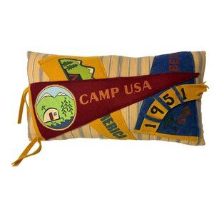 Vintage Look Camp USA Pennant Pillow With Striped Fabric & Felt Appliques 1951